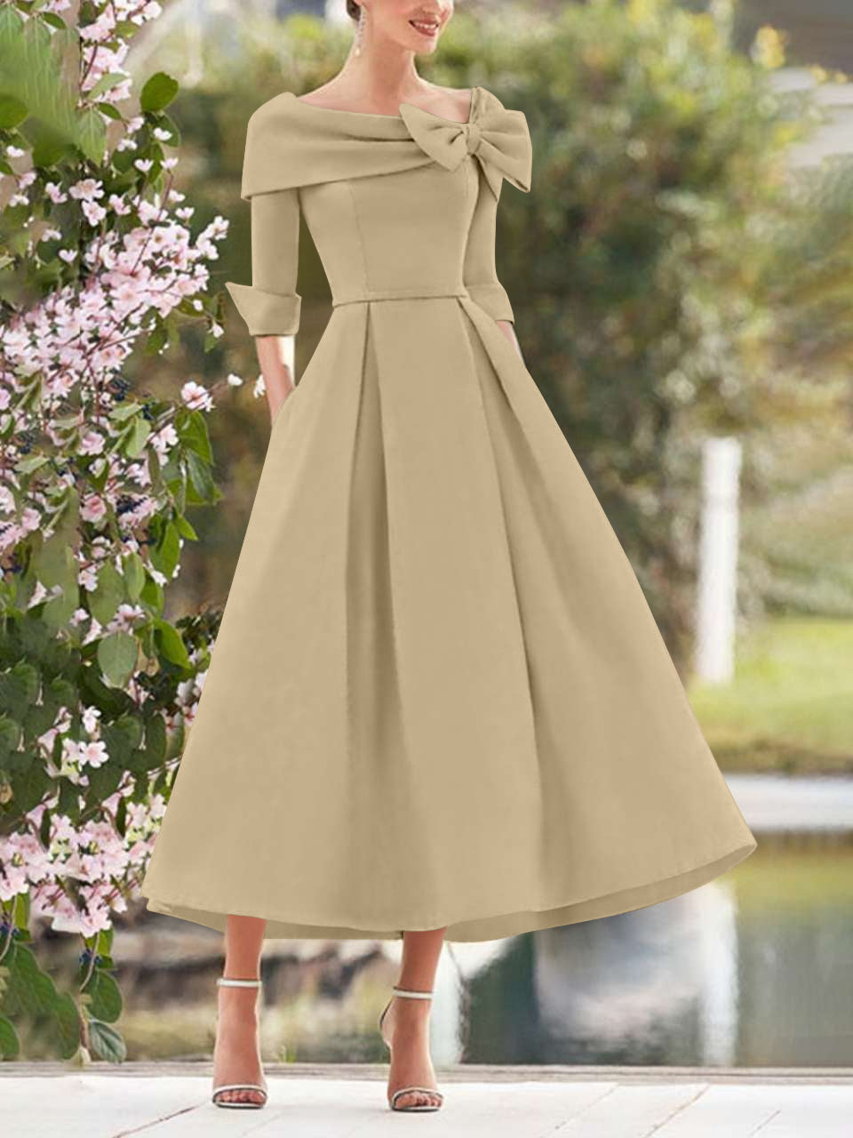 A Line Princess Cowl Neck Bow S 3 4 Sleeves Tea Length Elegant Mother Of The Bride Groom Dresses