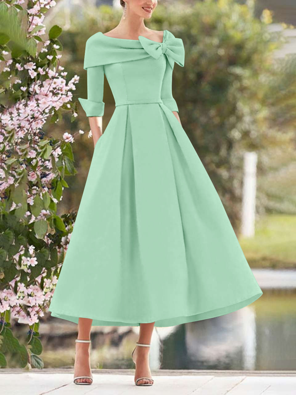 A Line Princess Cowl Neck Bow S 3 4 Sleeves Tea Length Elegant Mother Of The Bride Groom Dresses