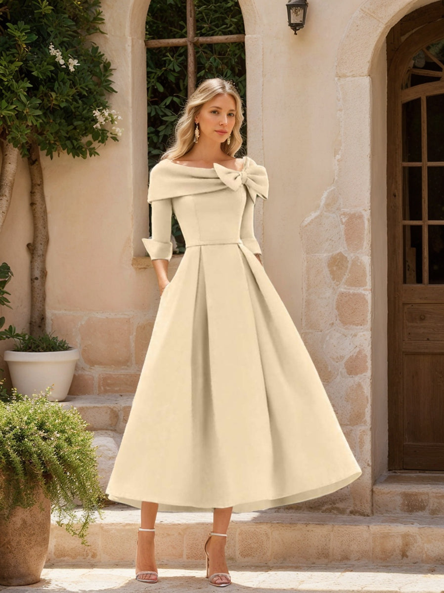 A Line Princess Cowl Neck Bow S 3 4 Sleeves Tea Length Elegant Mother Of The Bride Groom Dresses