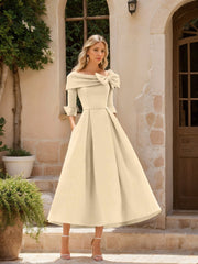 A Line Princess Cowl Neck Bow S 3 4 Sleeves Tea Length Elegant Mother Of The Bride Groom Dresses