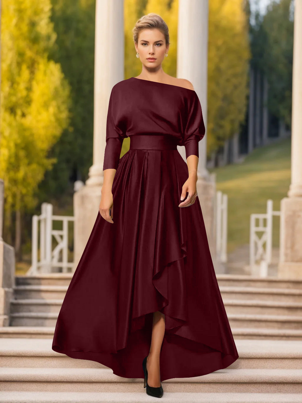 A Line Princess One Shoulder 3 4 Sleeves Asymmetrical Mother Of The Bride Groom Dresses