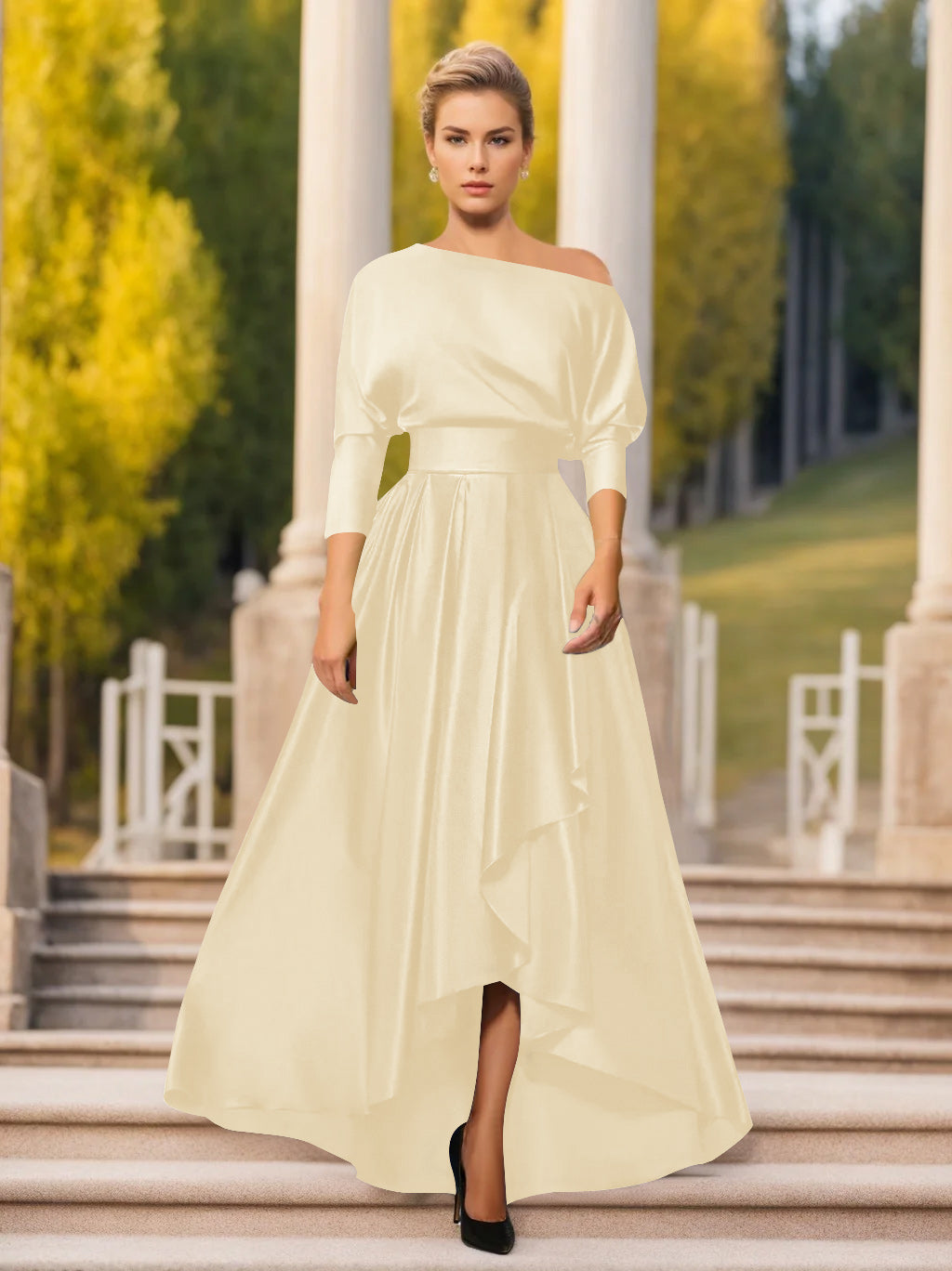 A Line Princess One Shoulder 3 4 Sleeves Asymmetrical Mother Of The Bride Groom Dresses