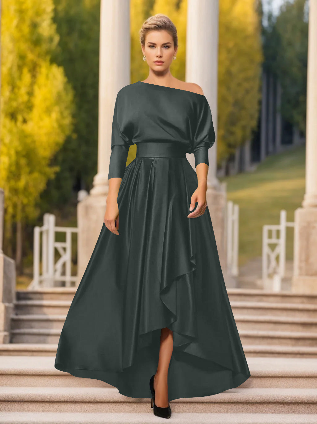 A Line Princess One Shoulder 3 4 Sleeves Asymmetrical Mother Of The Bride Groom Dresses