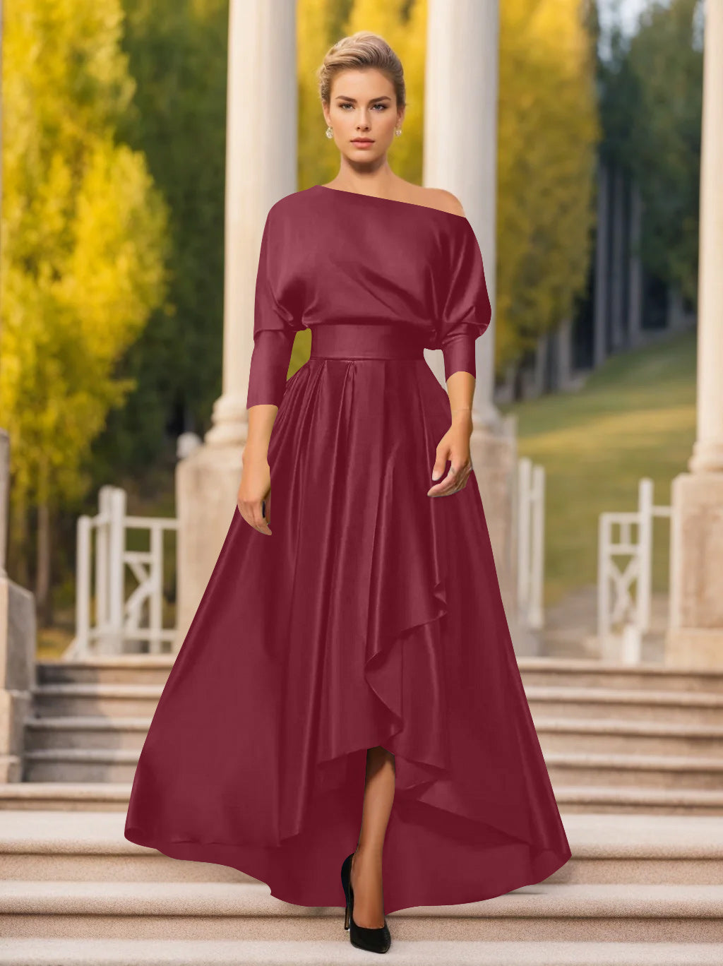 A Line Princess One Shoulder 3 4 Sleeves Asymmetrical Mother Of The Bride Groom Dresses