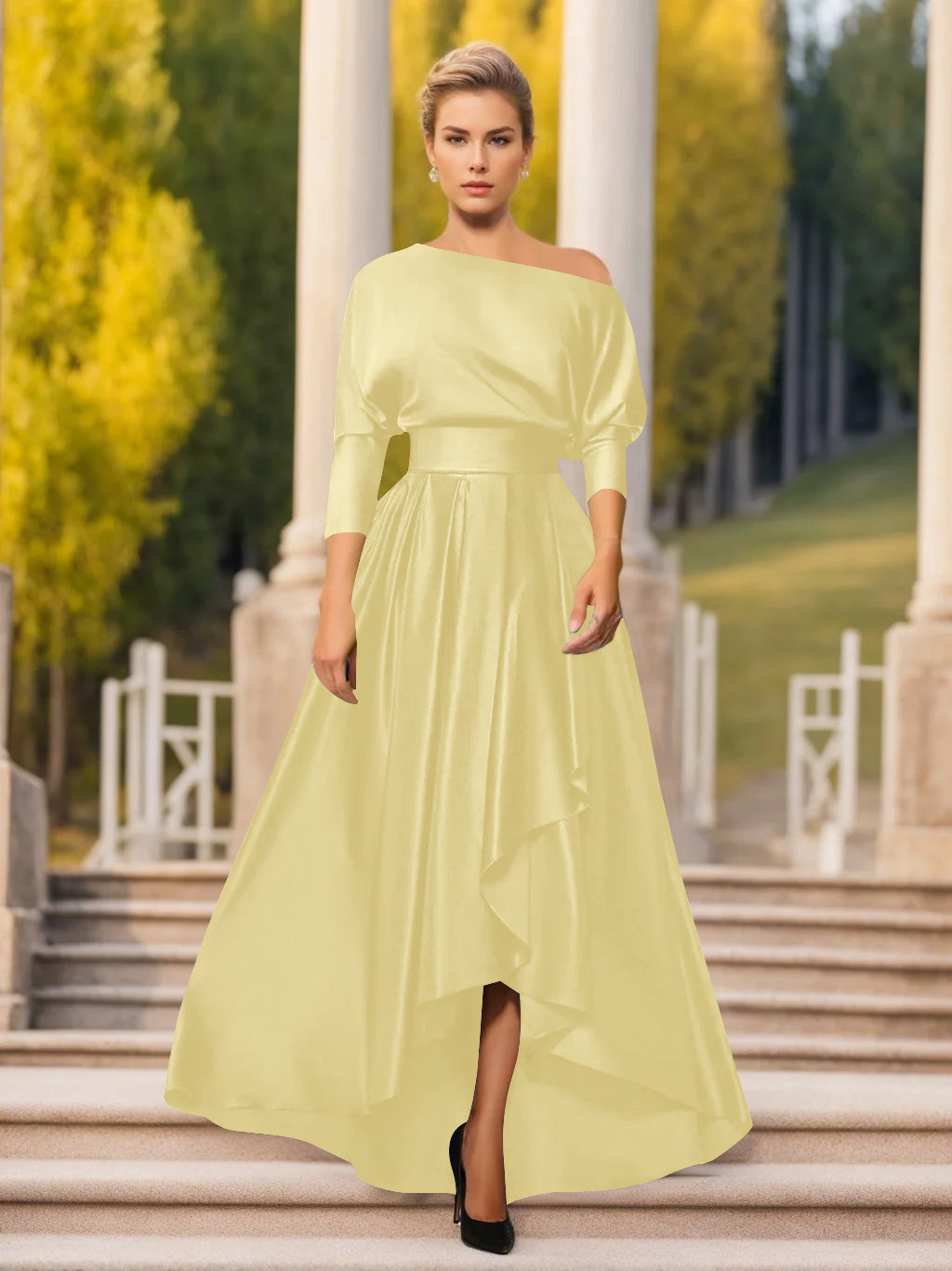 A Line Princess One Shoulder 3 4 Sleeves Asymmetrical Mother Of The Bride Groom Dresses