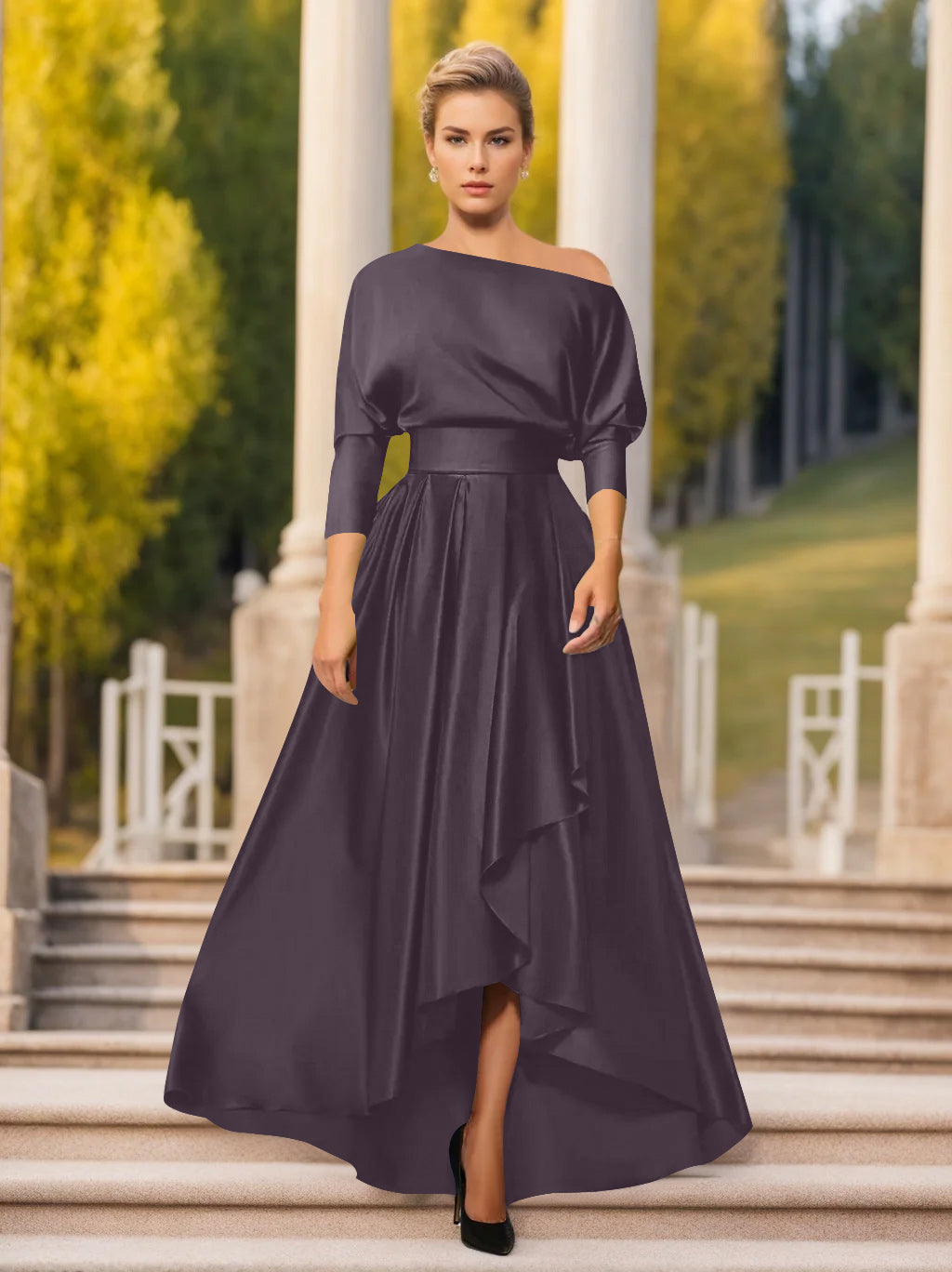 A Line Princess One Shoulder 3 4 Sleeves Asymmetrical Mother Of The Bride Groom Dresses