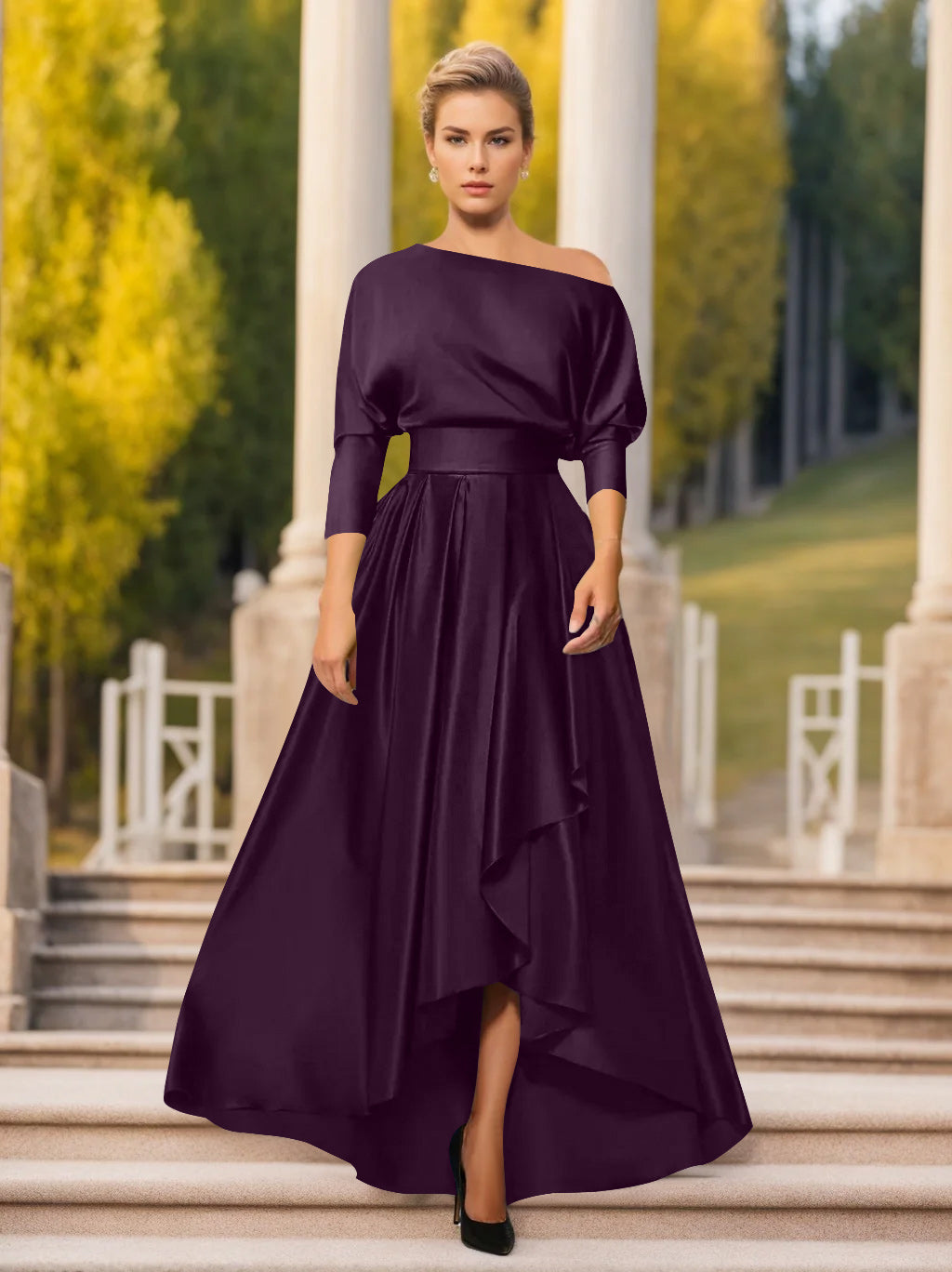 A Line Princess One Shoulder 3 4 Sleeves Asymmetrical Mother Of The Bride Groom Dresses