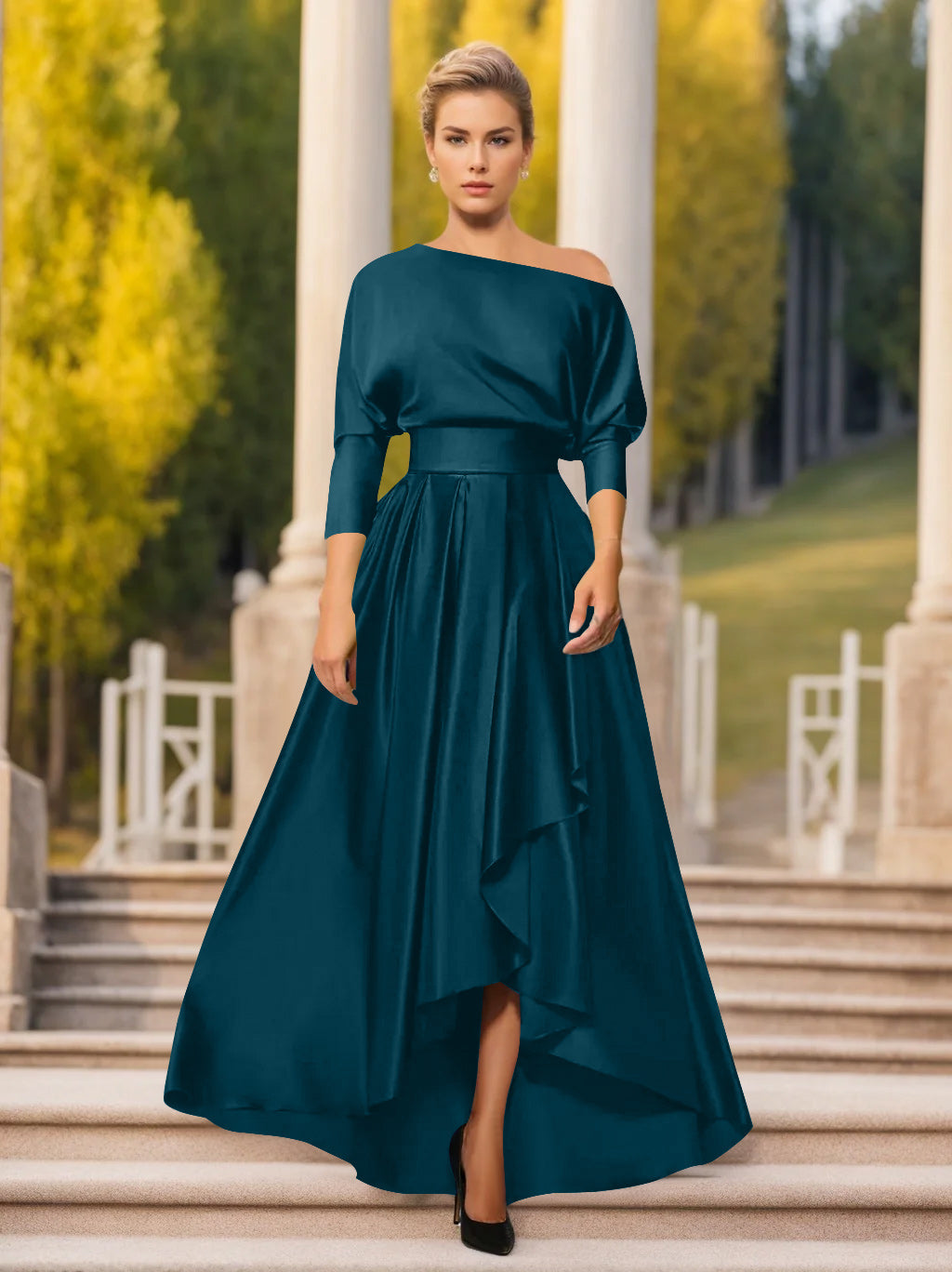 A Line Princess One Shoulder 3 4 Sleeves Asymmetrical Mother Of The Bride Groom Dresses