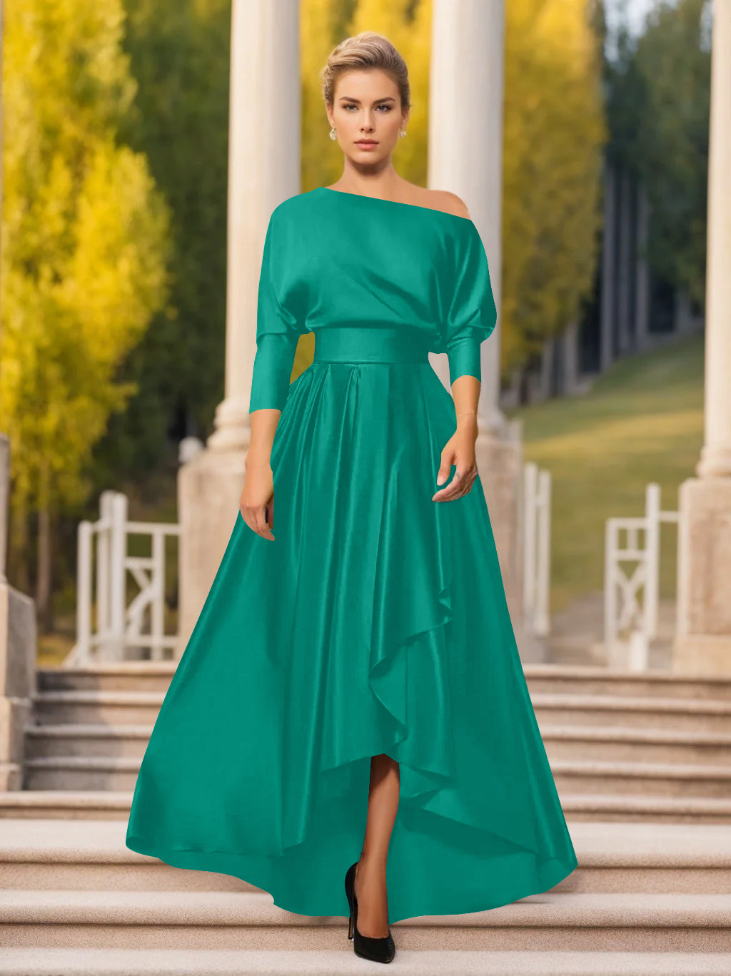 A Line Princess One Shoulder 3 4 Sleeves Asymmetrical Mother Of The Bride Groom Dresses