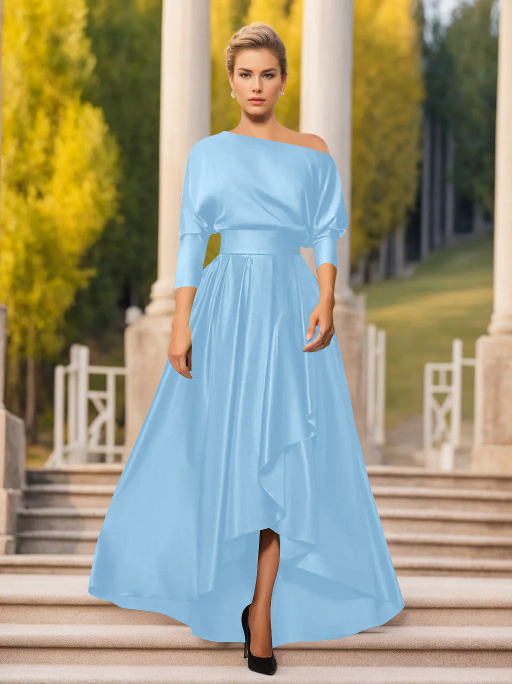 A Line Princess One Shoulder 3 4 Sleeves Asymmetrical Mother Of The Bride Groom Dresses