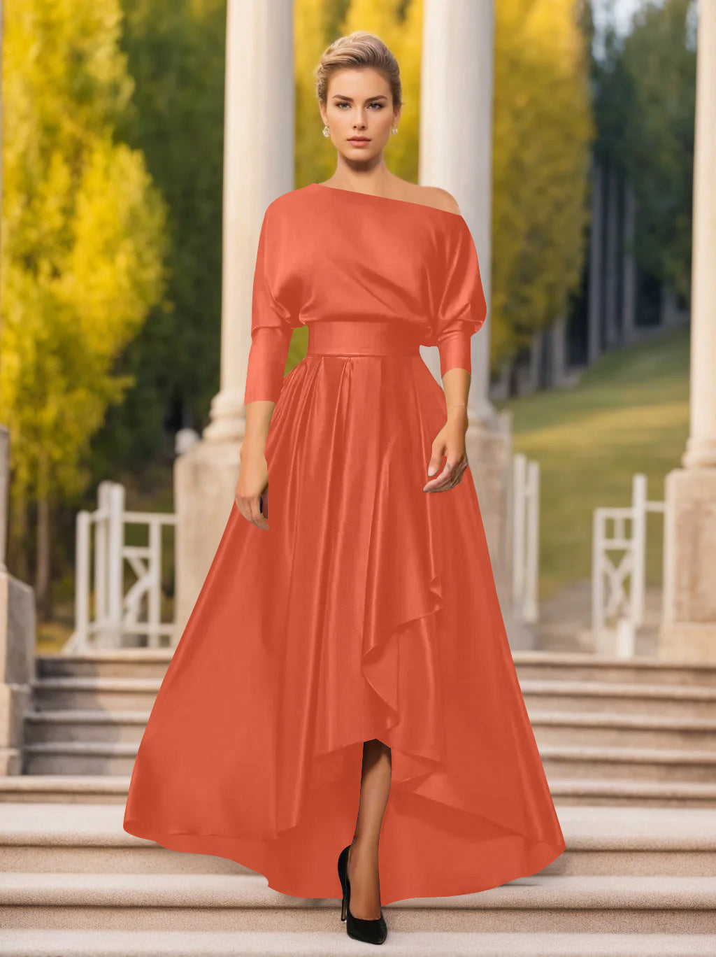 A Line Princess One Shoulder 3 4 Sleeves Asymmetrical Mother Of The Bride Groom Dresses