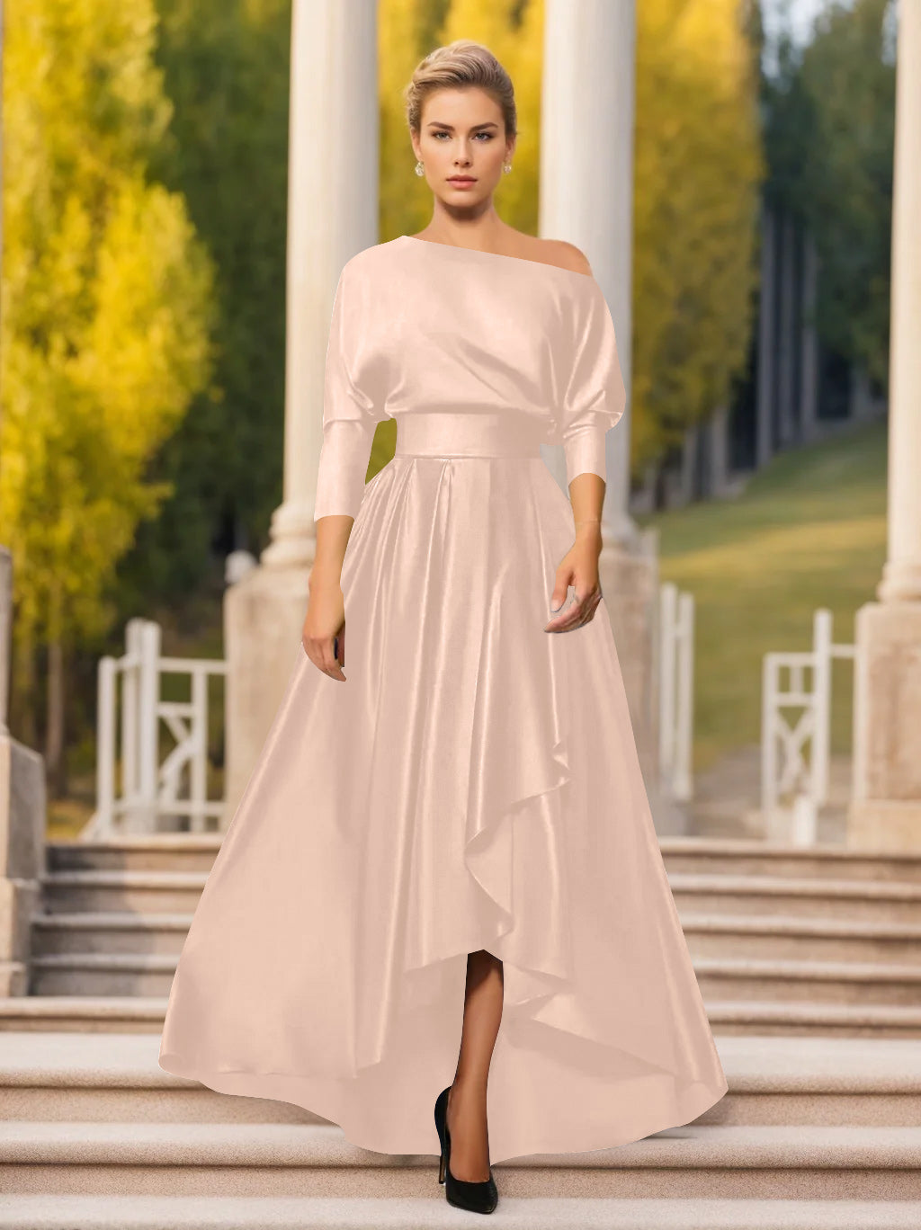 A Line Princess One Shoulder 3 4 Sleeves Asymmetrical Mother Of The Bride Groom Dresses