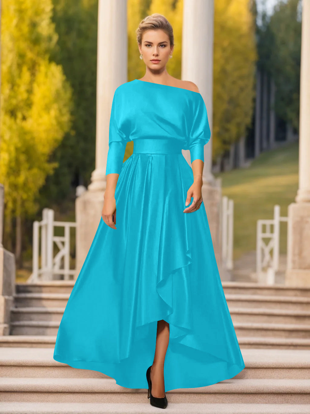 A Line Princess One Shoulder 3 4 Sleeves Asymmetrical Mother Of The Bride Groom Dresses
