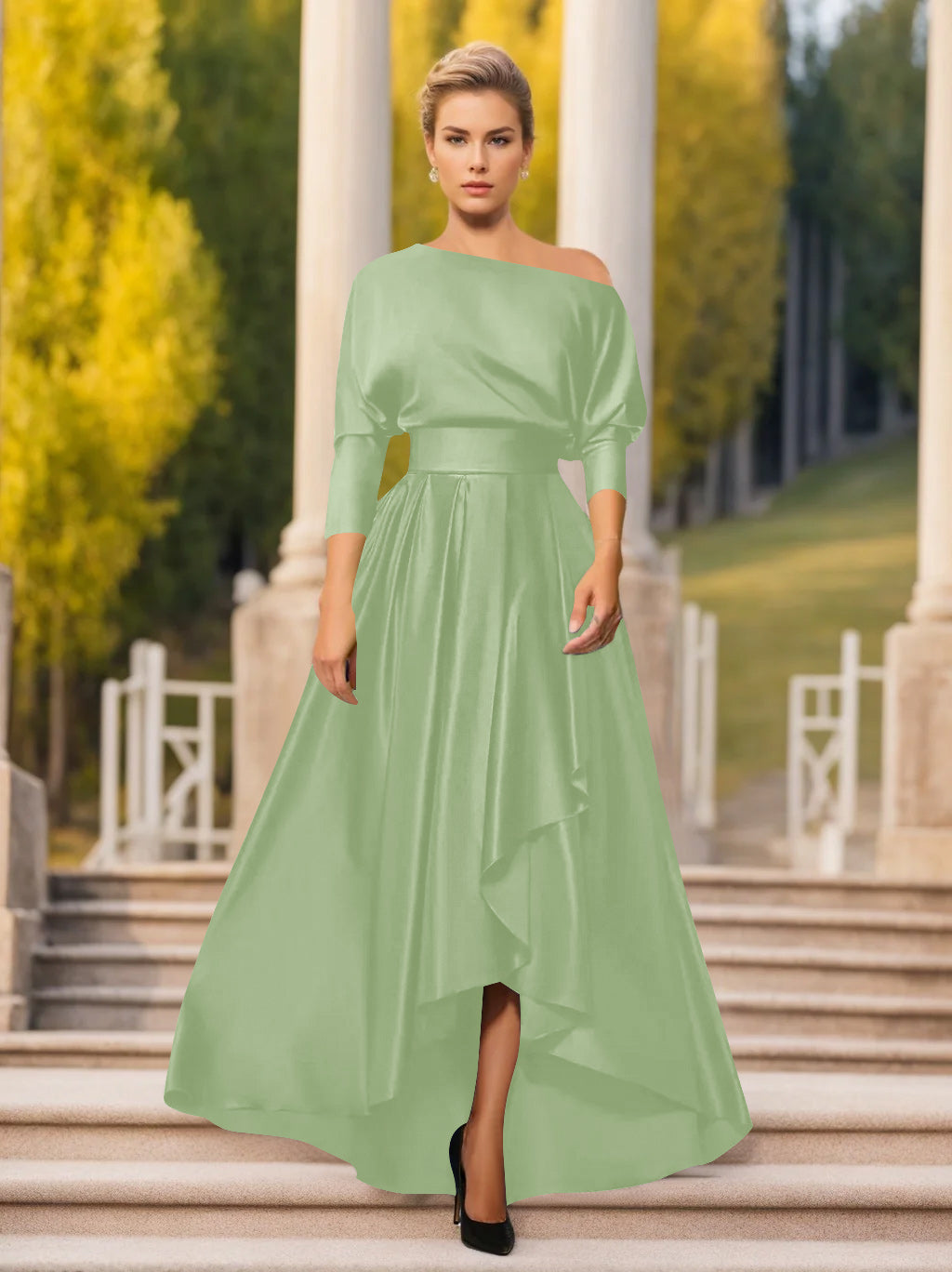 A Line Princess One Shoulder 3 4 Sleeves Asymmetrical Mother Of The Bride Groom Dresses