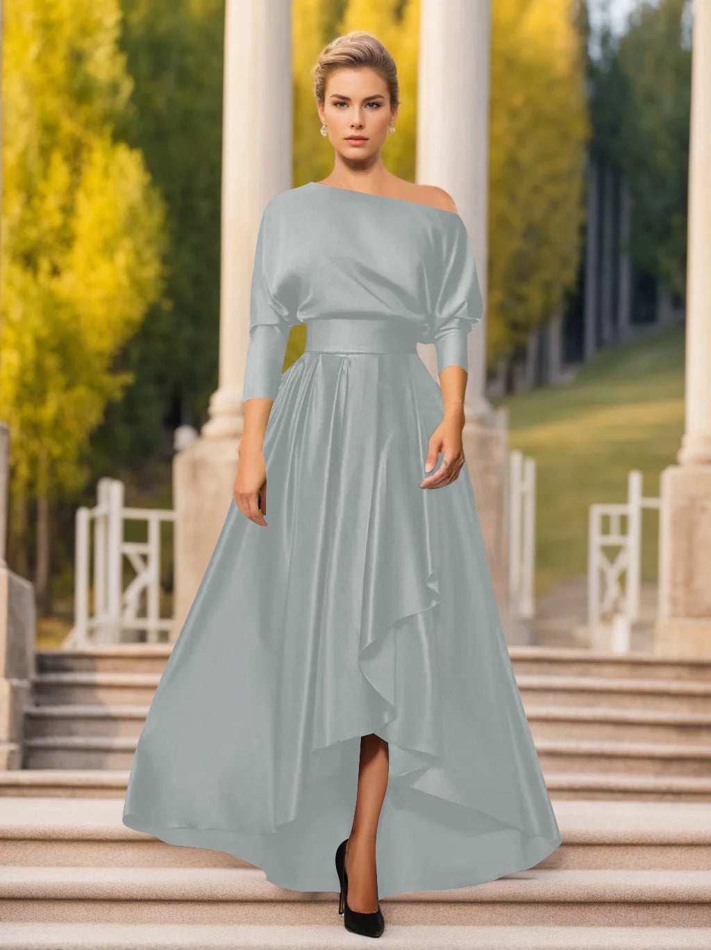 A Line Princess One Shoulder 3 4 Sleeves Asymmetrical Mother Of The Bride Groom Dresses