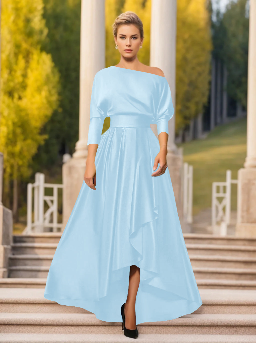 A Line Princess One Shoulder 3 4 Sleeves Asymmetrical Mother Of The Bride Groom Dresses