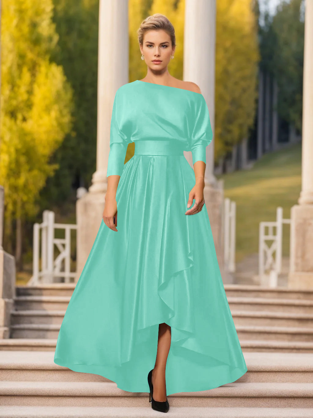 A Line Princess One Shoulder 3 4 Sleeves Asymmetrical Mother Of The Bride Groom Dresses