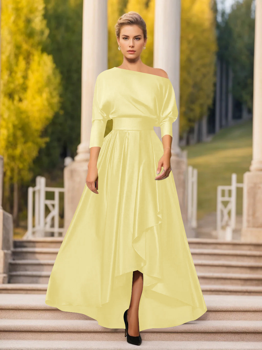 A Line Princess One Shoulder 3 4 Sleeves Asymmetrical Mother Of The Bride Groom Dresses
