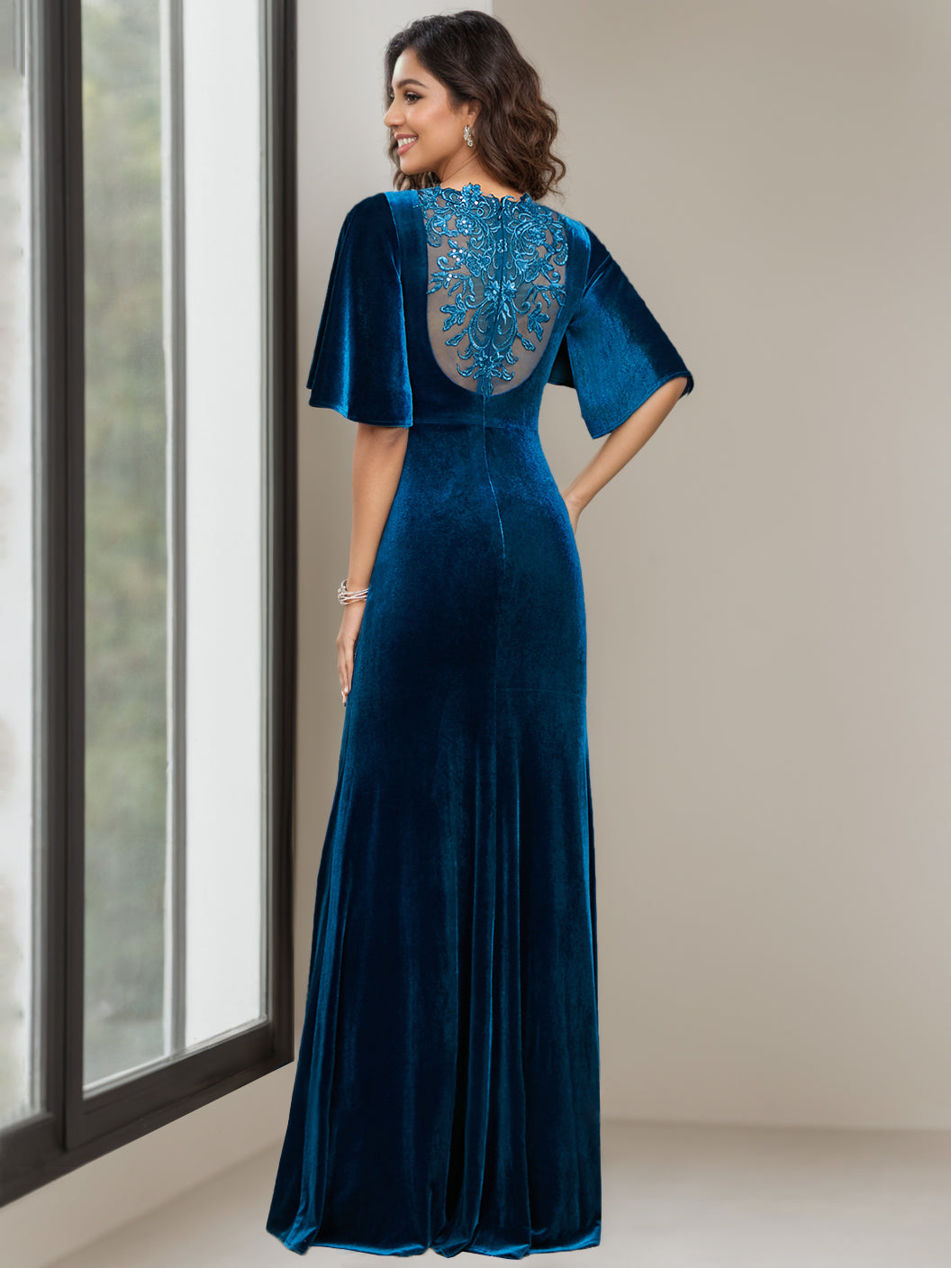Sheath Column Scoop Neck Half Sleeves Floor Length Velvet Mother Of The Bride Dresses With Beading Appliques Sequins