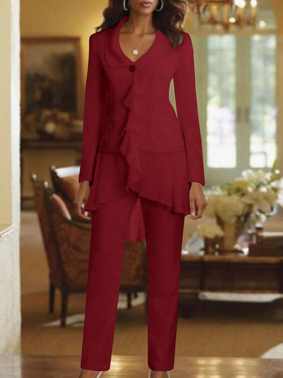 White V Neck Long Sleeves Floor Length Mother Of The Bride Pantsuits With Ruffle