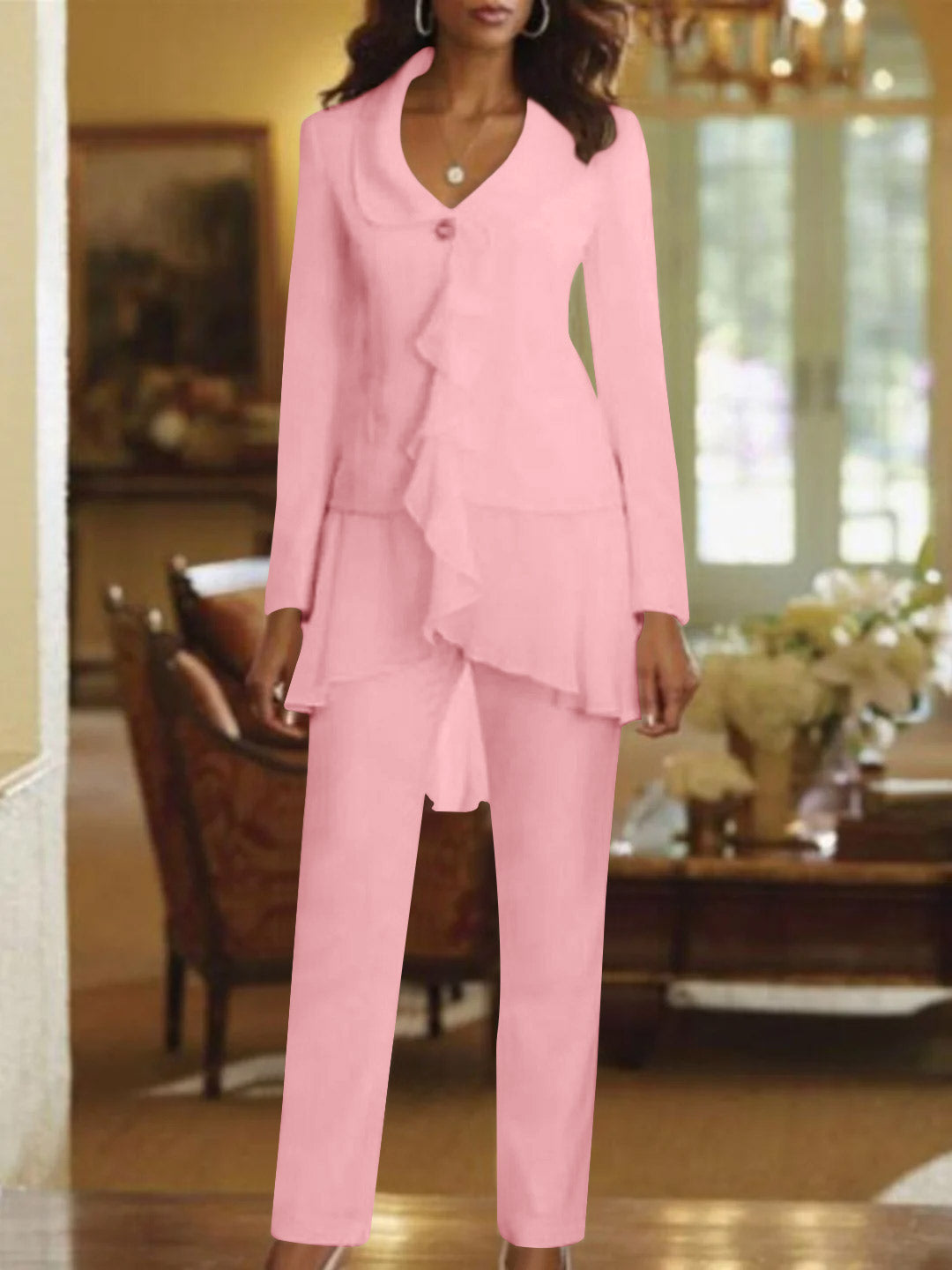 White V Neck Long Sleeves Floor Length Mother Of The Bride Pantsuits With Ruffle