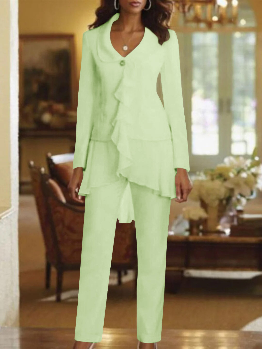 White V Neck Long Sleeves Floor Length Mother Of The Bride Pantsuits With Ruffle