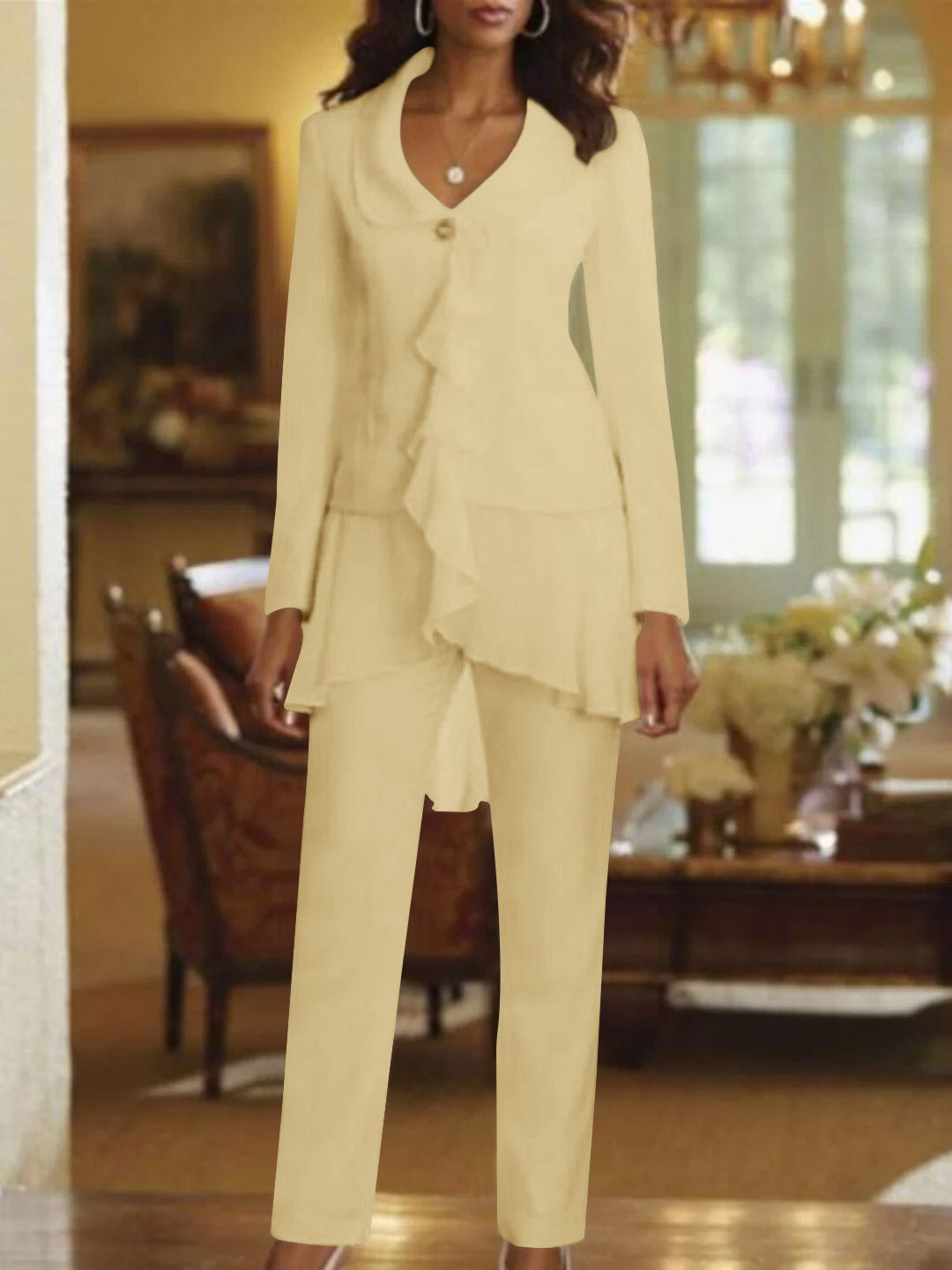 White V Neck Long Sleeves Floor Length Mother Of The Bride Pantsuits With Ruffle