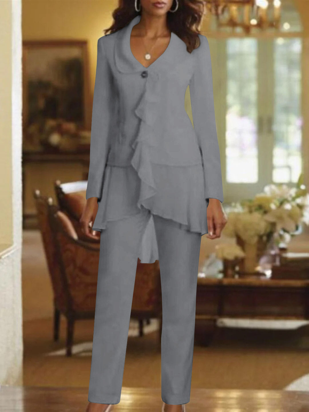 White V Neck Long Sleeves Floor Length Mother Of The Bride Pantsuits With Ruffle