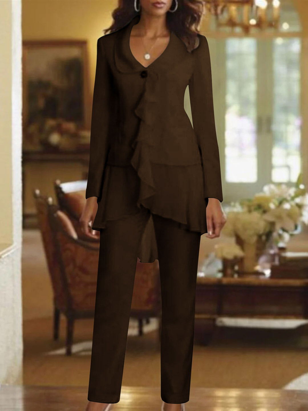 White V Neck Long Sleeves Floor Length Mother Of The Bride Pantsuits With Ruffle