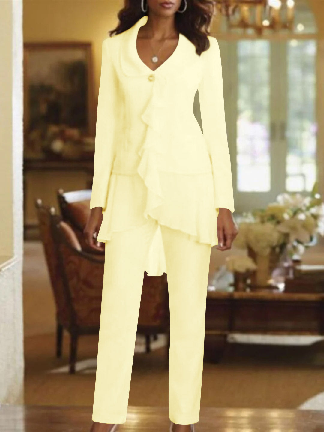 White V Neck Long Sleeves Floor Length Mother Of The Bride Pantsuits With Ruffle