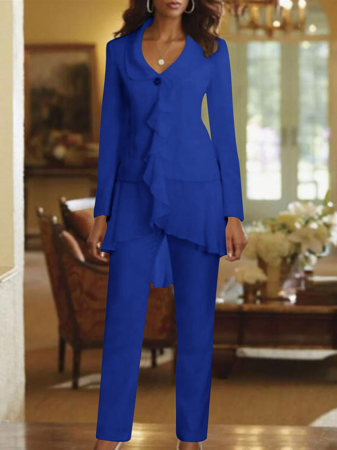 White V Neck Long Sleeves Floor Length Mother Of The Bride Pantsuits With Ruffle