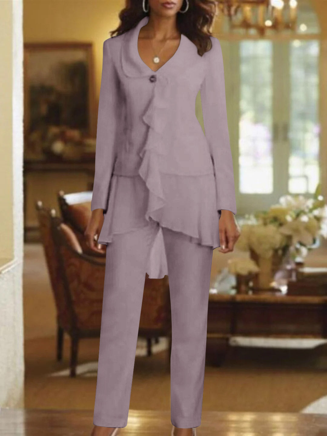 White V Neck Long Sleeves Floor Length Mother Of The Bride Pantsuits With Ruffle