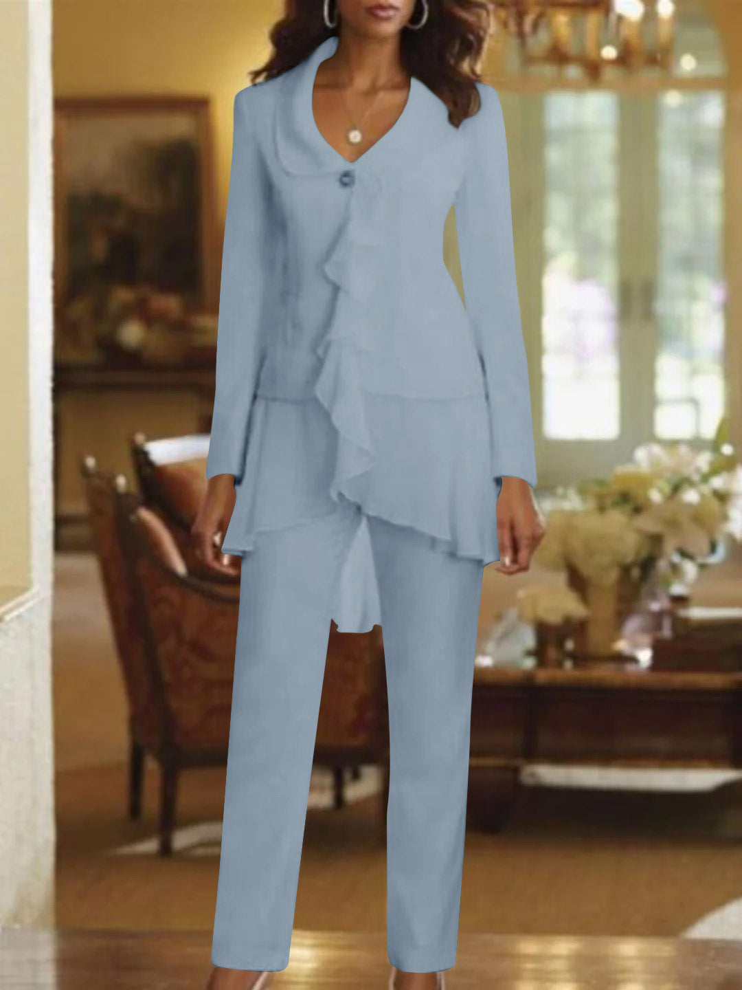 White V Neck Long Sleeves Floor Length Mother Of The Bride Pantsuits With Ruffle
