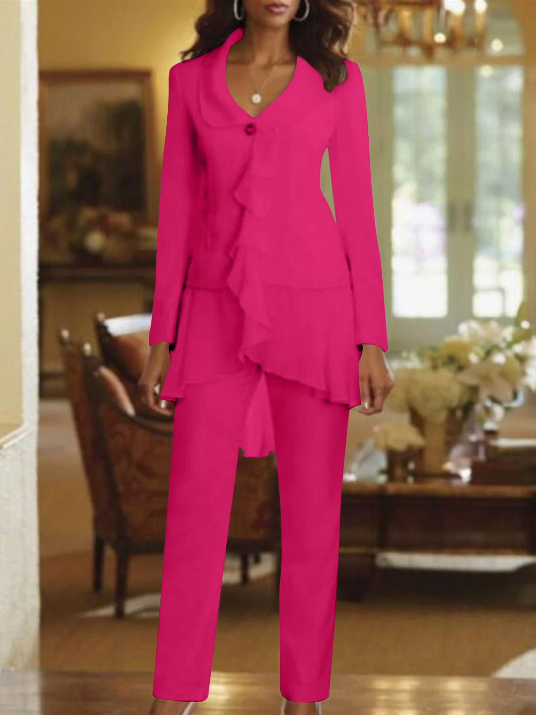White V Neck Long Sleeves Floor Length Mother Of The Bride Pantsuits With Ruffle
