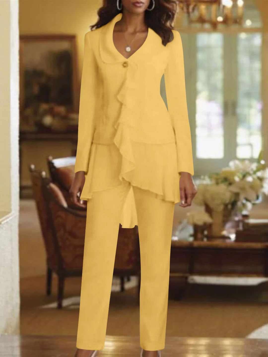 White V Neck Long Sleeves Floor Length Mother Of The Bride Pantsuits With Ruffle
