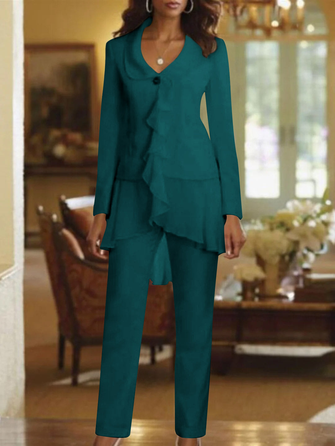 White V Neck Long Sleeves Floor Length Mother Of The Bride Pantsuits With Ruffle