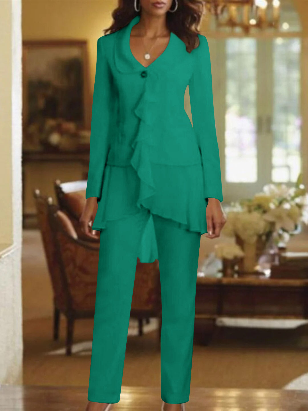 White V Neck Long Sleeves Floor Length Mother Of The Bride Pantsuits With Ruffle