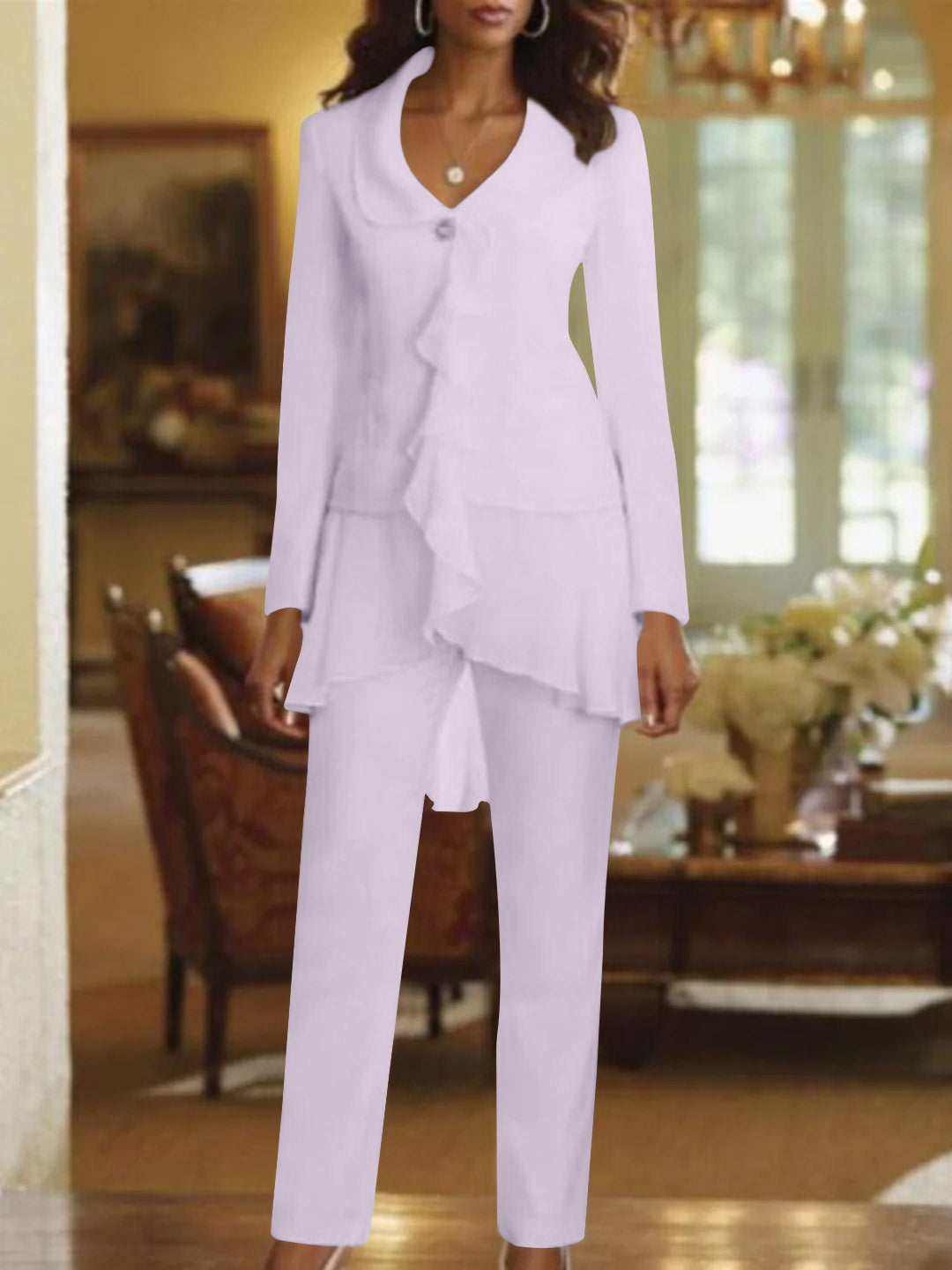 White V Neck Long Sleeves Floor Length Mother Of The Bride Pantsuits With Ruffle