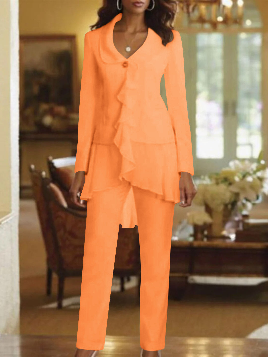 White V Neck Long Sleeves Floor Length Mother Of The Bride Pantsuits With Ruffle