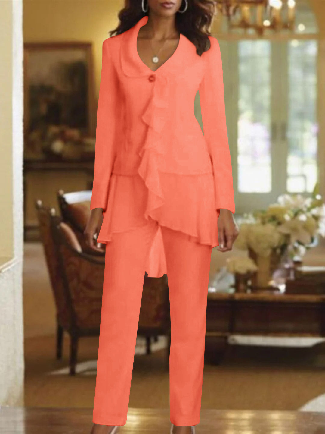 White V Neck Long Sleeves Floor Length Mother Of The Bride Pantsuits With Ruffle