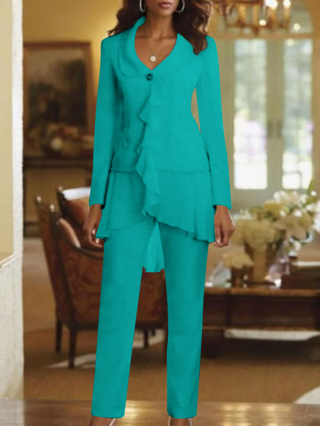 White V Neck Long Sleeves Floor Length Mother Of The Bride Pantsuits With Ruffle