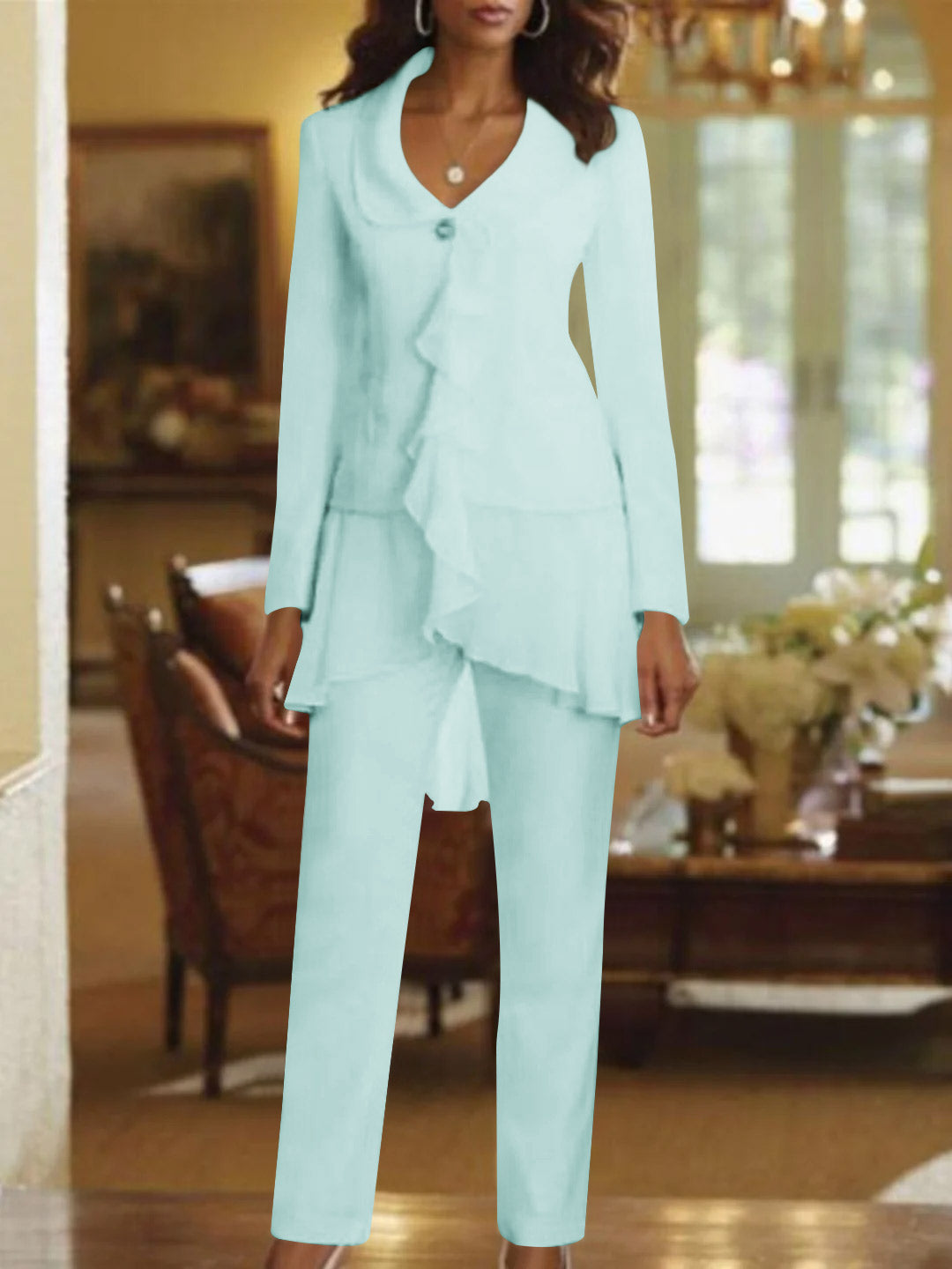 White V Neck Long Sleeves Floor Length Mother Of The Bride Pantsuits With Ruffle