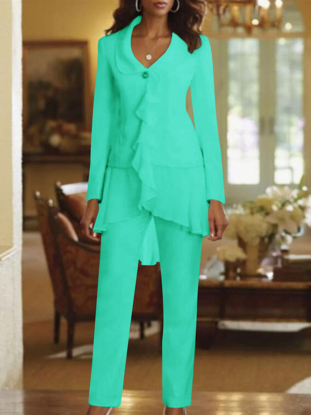 White V Neck Long Sleeves Floor Length Mother Of The Bride Pantsuits With Ruffle