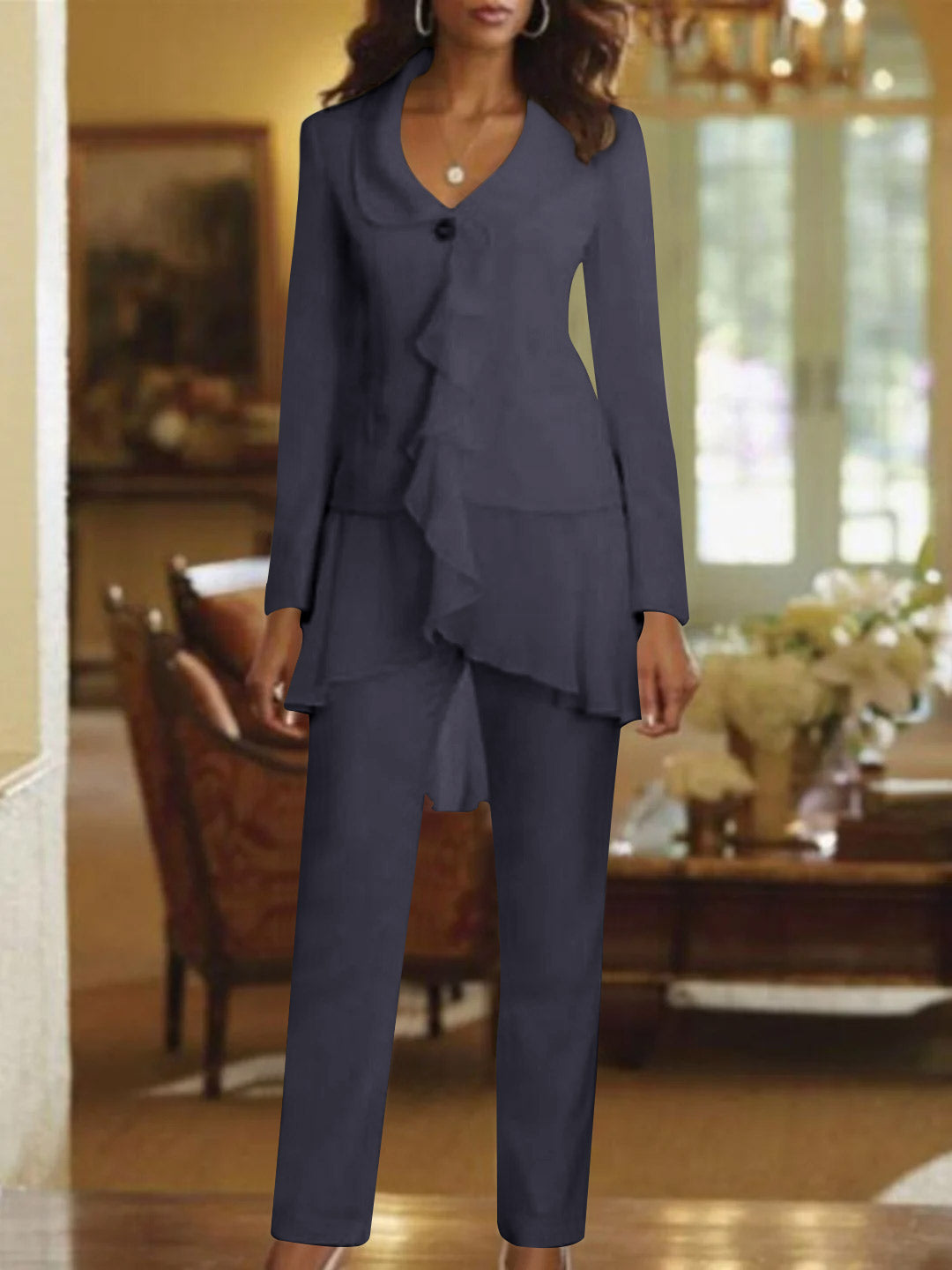 White V Neck Long Sleeves Floor Length Mother Of The Bride Pantsuits With Ruffle