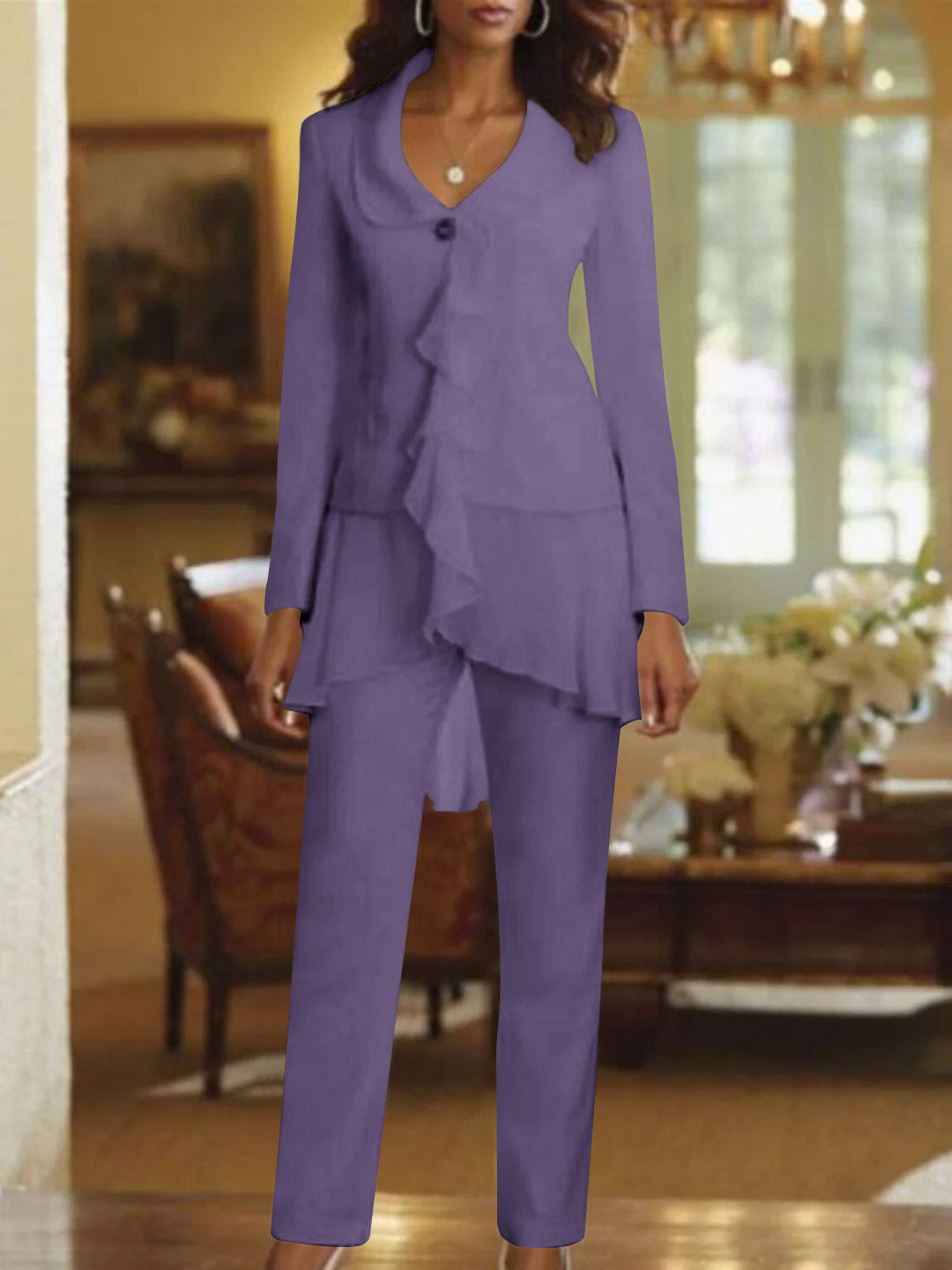 White V Neck Long Sleeves Floor Length Mother Of The Bride Pantsuits With Ruffle
