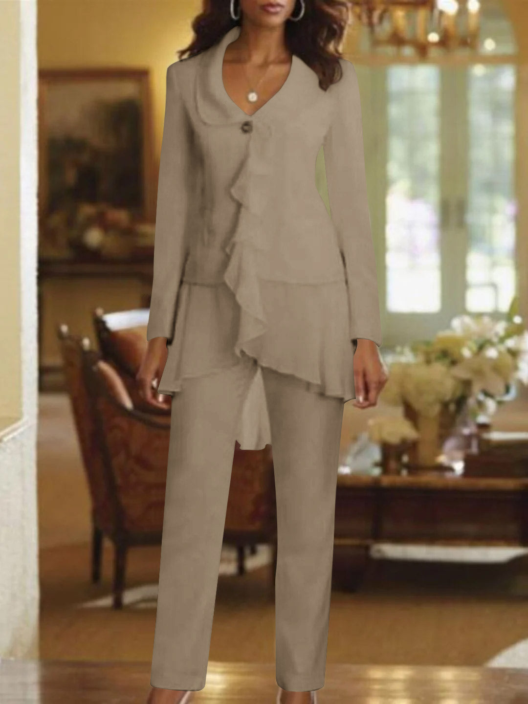 White V Neck Long Sleeves Floor Length Mother Of The Bride Pantsuits With Ruffle