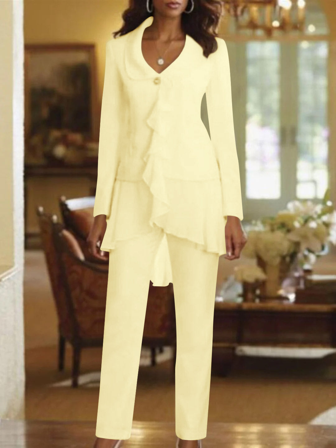 White V Neck Long Sleeves Floor Length Mother Of The Bride Pantsuits With Ruffle