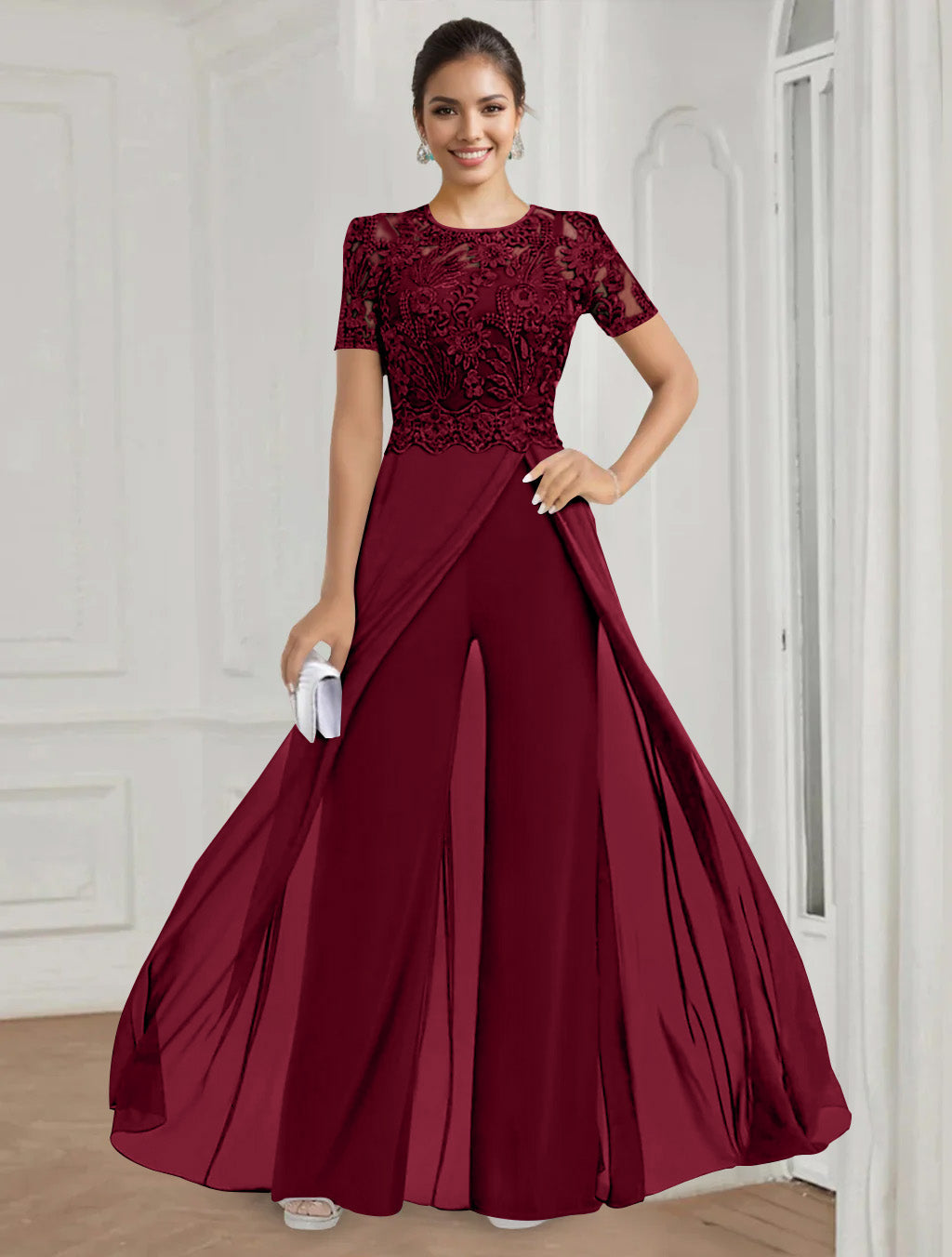 Stretch Chiffon Round Neck Short Sleeves Floor Length Mother Of The Bride Pantsuits With Appliques Lace