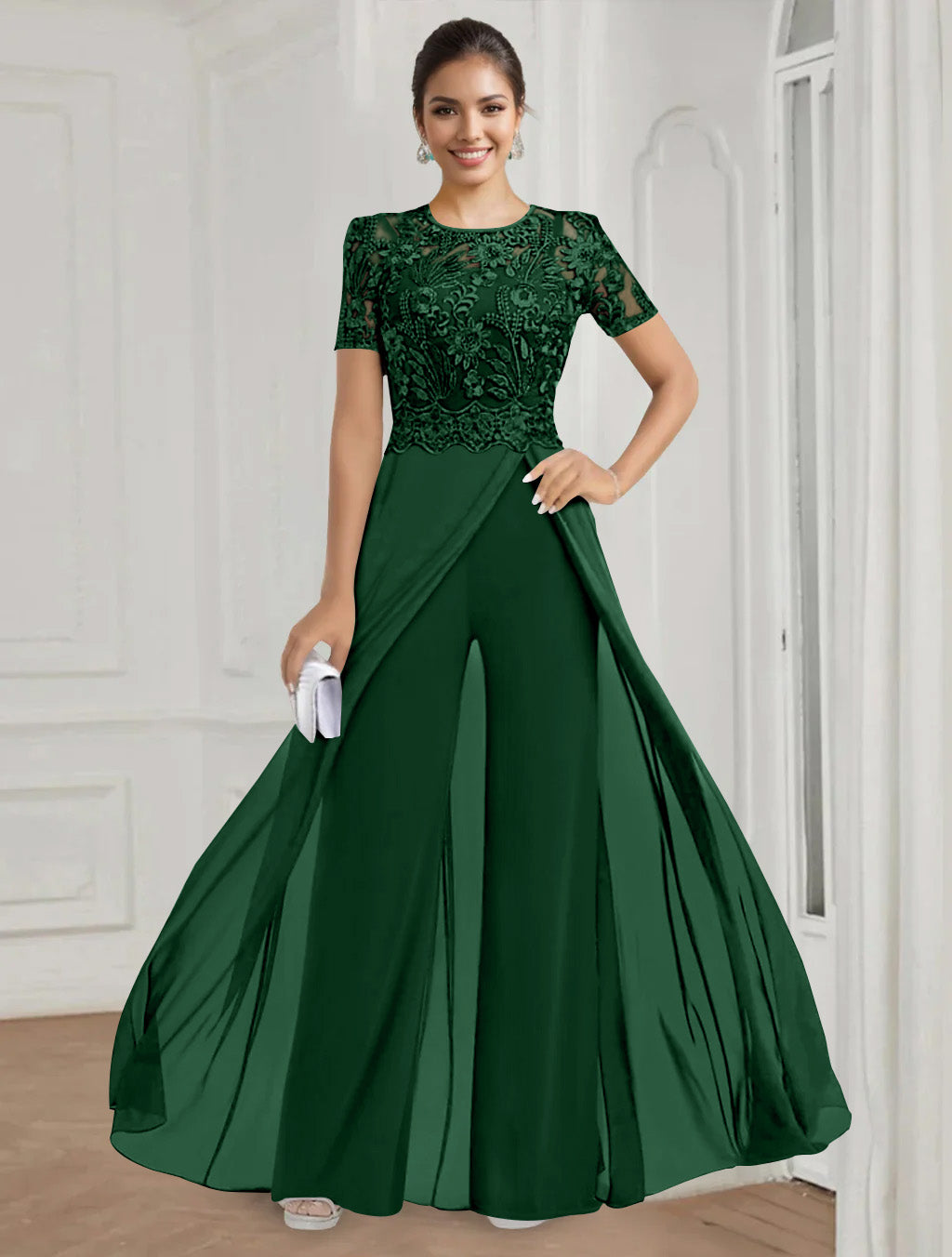 Stretch Chiffon Round Neck Short Sleeves Floor Length Mother Of The Bride Pantsuits With Appliques Lace