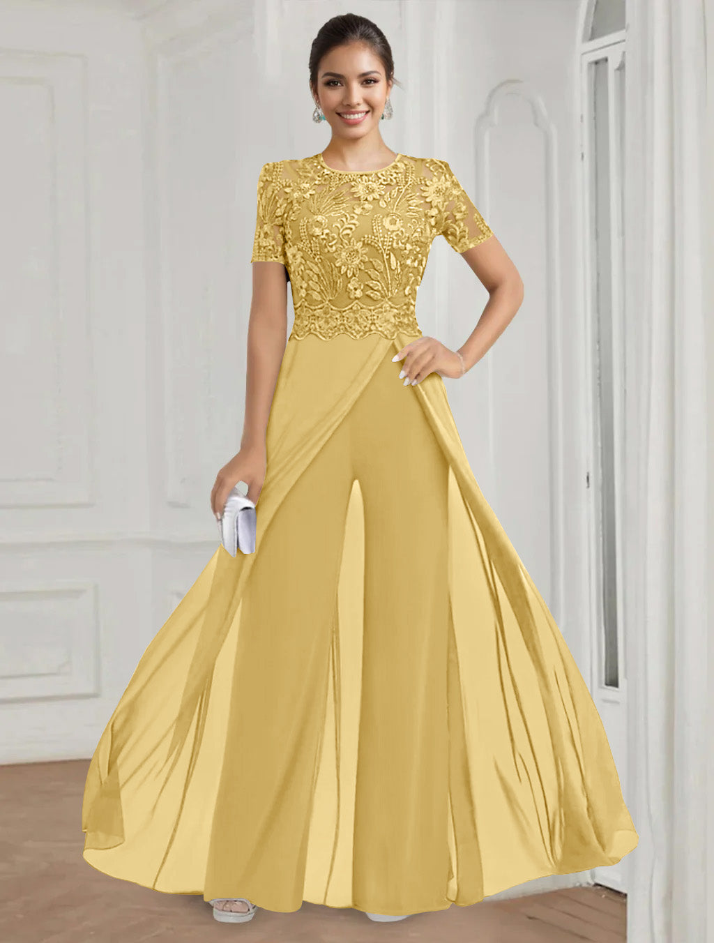 Stretch Chiffon Round Neck Short Sleeves Floor Length Mother Of The Bride Pantsuits With Appliques Lace
